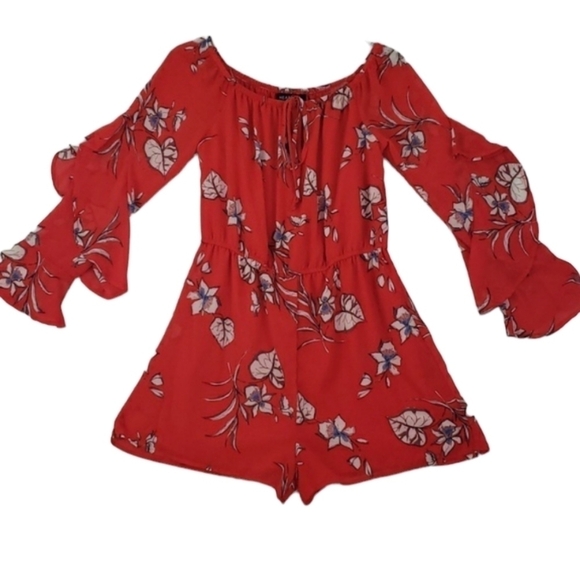 Heart Soul~Size L~Red White Blue Print Floral Long Sleeve Romper NWT - Picture 1 of 11